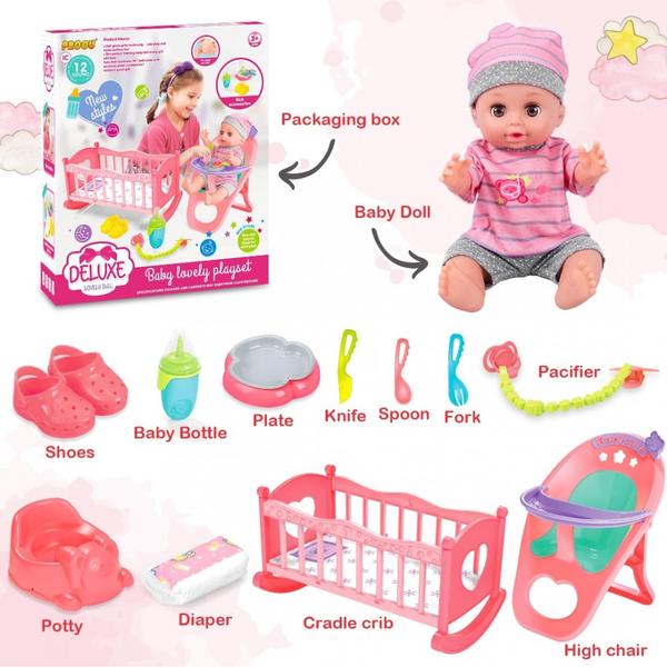 Papusa interactiva 35 cm cu scaun de masa,patut,12 sunete si diverse accesorii