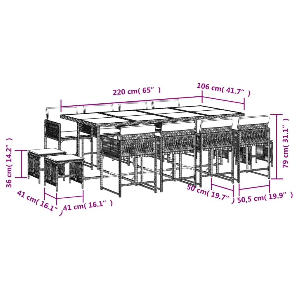 Set mobilier de gradina cu perne, 13 piese, bej, poliratan — imaginea 6