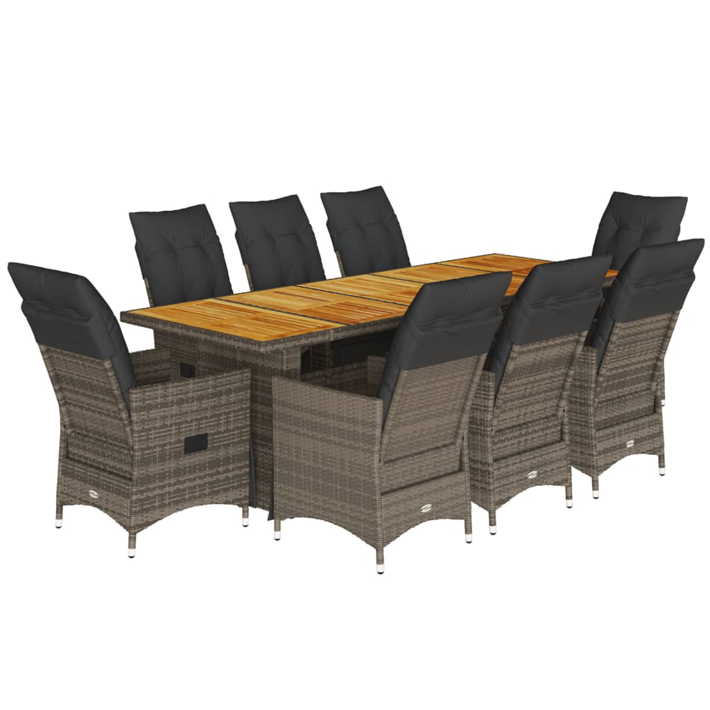 Set bistro de gradina cu perne, 9 piese, gri, poliratan