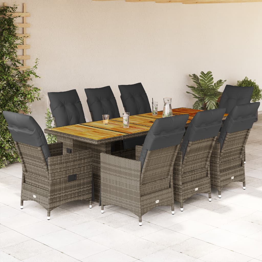 Set bistro de gradina cu perne, 9 piese, gri, poliratan — imaginea 2