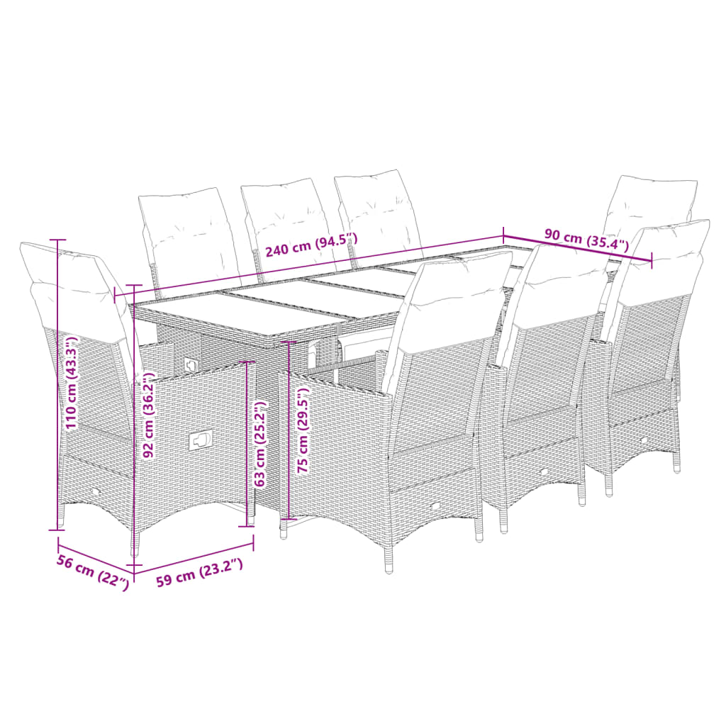 Set bistro de gradina cu perne, 9 piese, gri, poliratan — imaginea 7