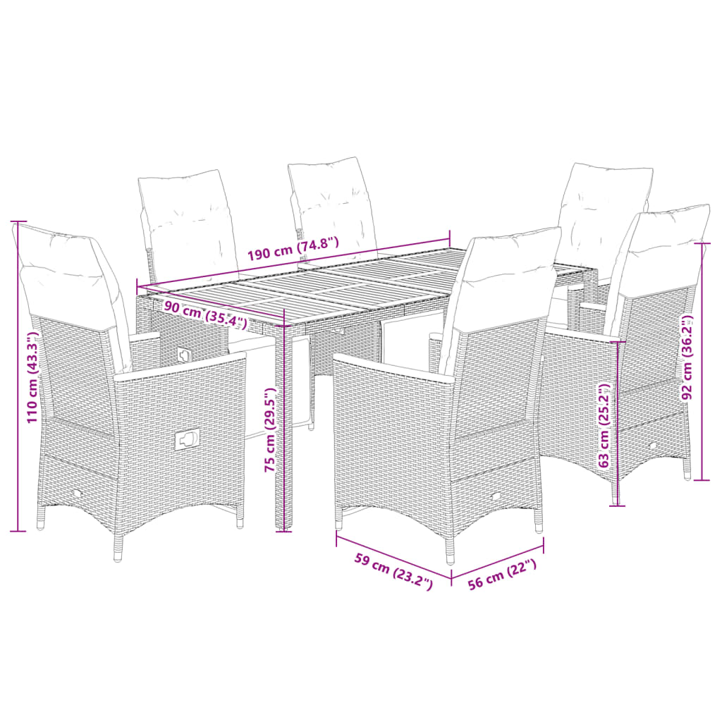 Set bistro de gradina cu perne, 7 piese, gri, poliratan — imaginea 7