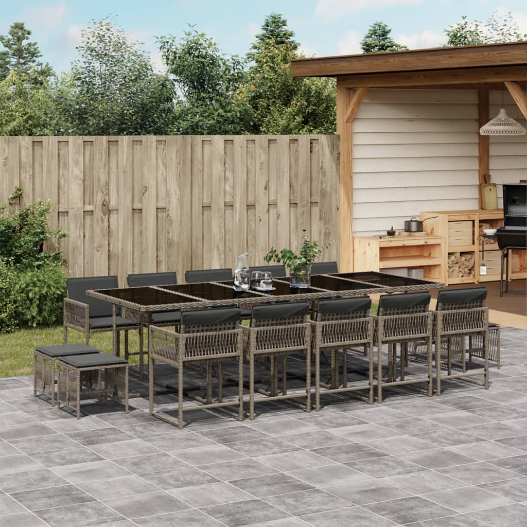 Set mobilier de gradina cu perne, 15 piese, gri, poliratan — imaginea 2