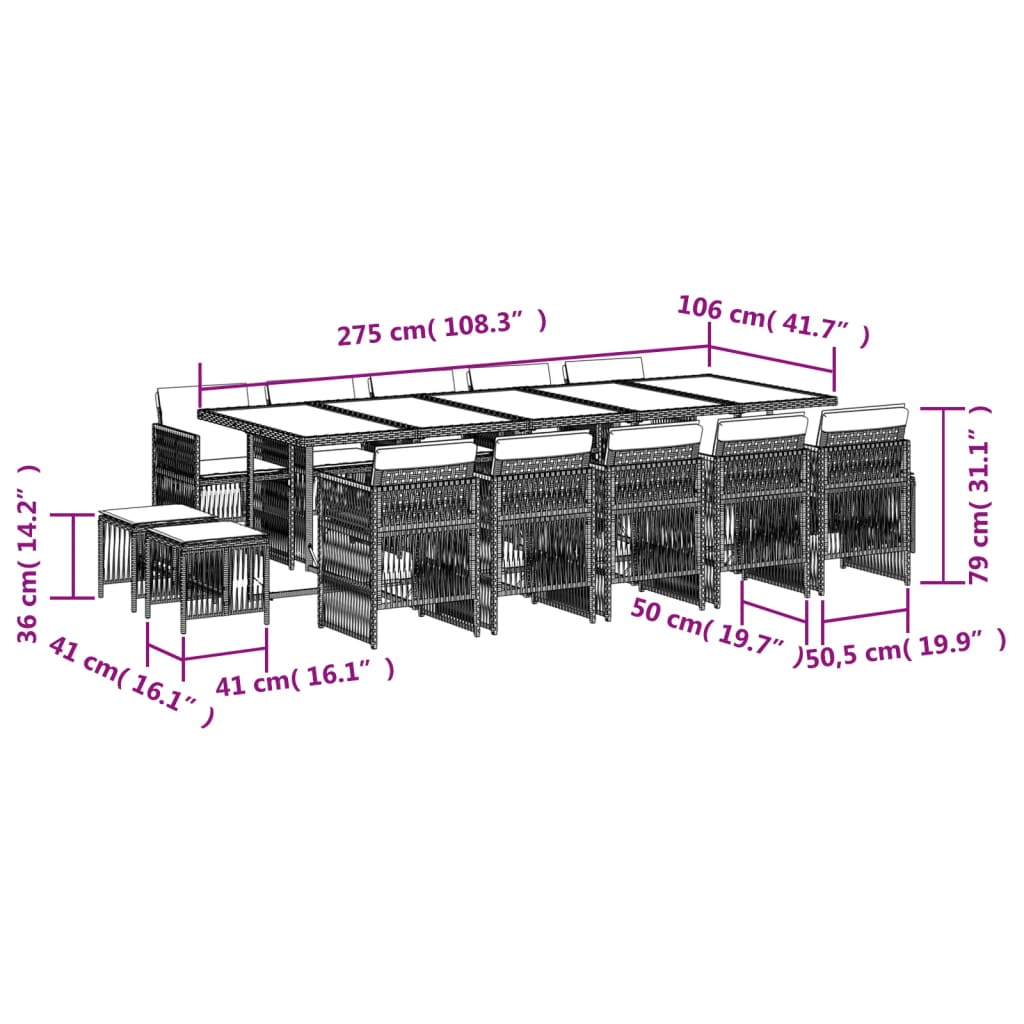 Set mobilier de gradina cu perne 15 piese gri deschis poliratan — imaginea 10