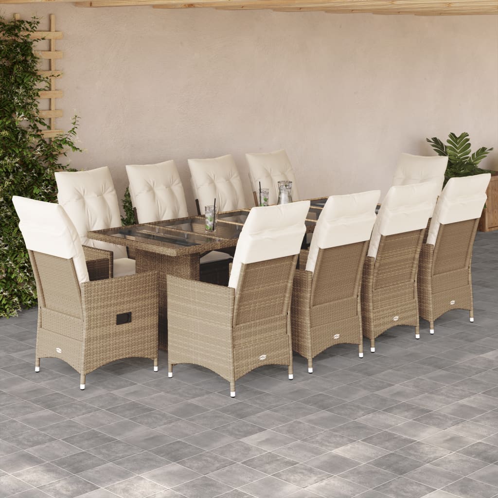 Set bistro de gradina, 11 piese, cu perne, bej, poliratan — imaginea 2