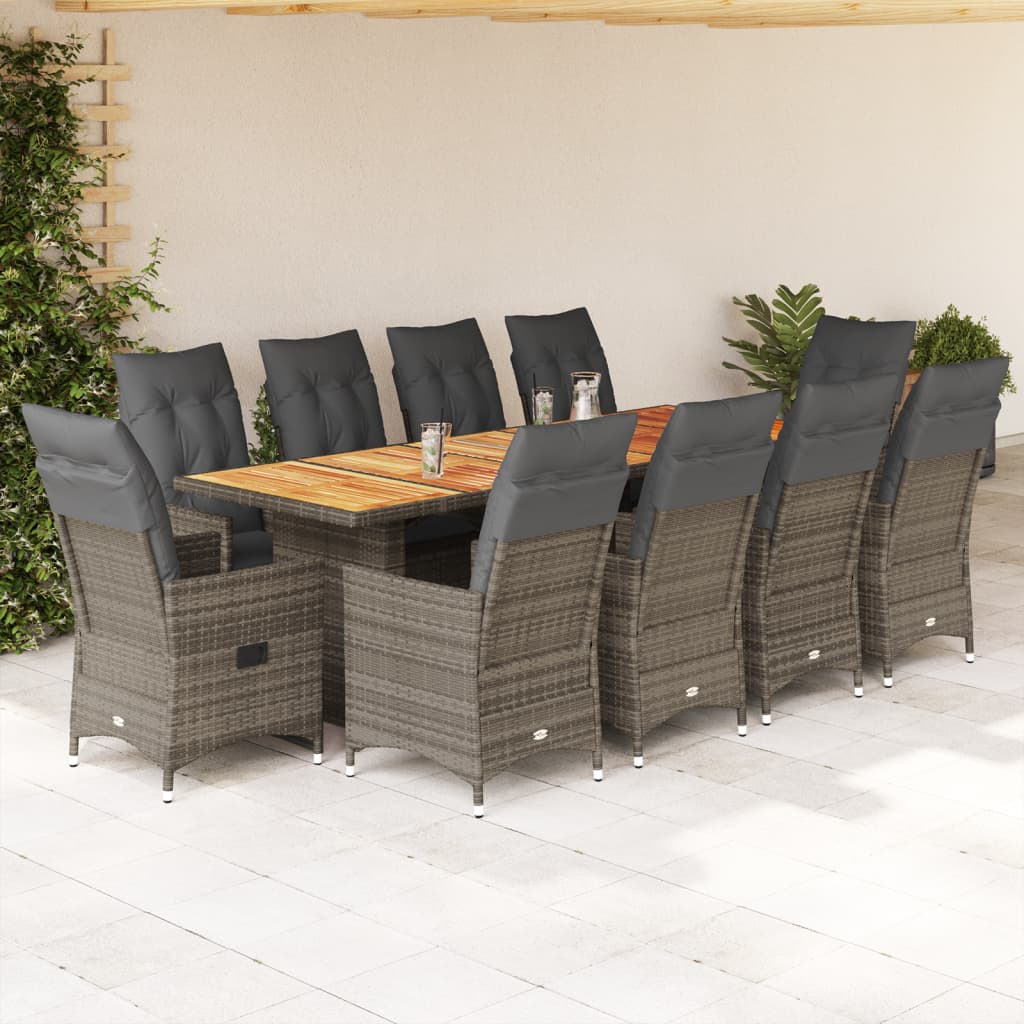 Set bistro de gradina cu perne, 11 piese, gri, poliratan — imaginea 2