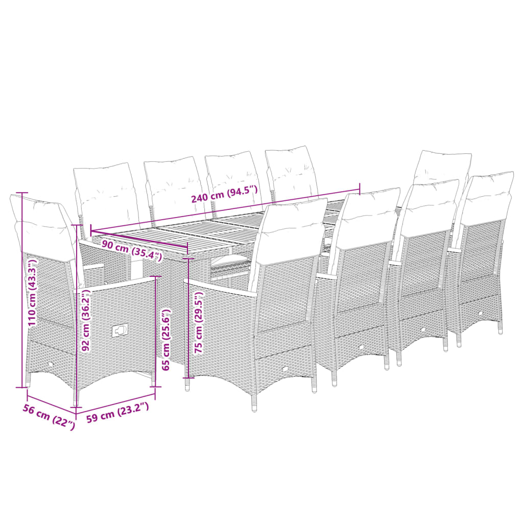 Set bistro de gradina, 11 piese, cu perne, negru, poliratan — imaginea 9