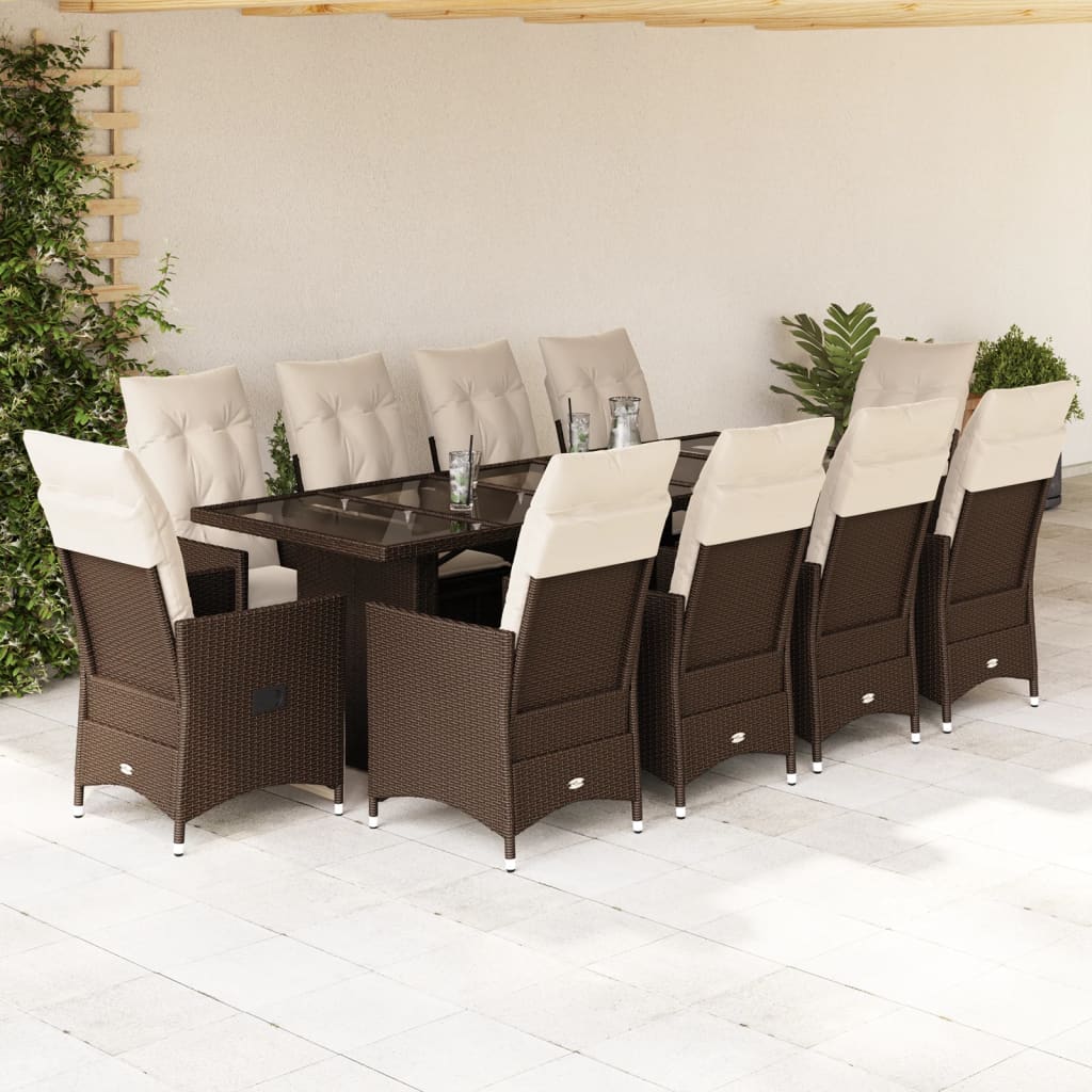 Set bistro de gradina cu perne, 11 piese, maro, poliratan — imaginea 2