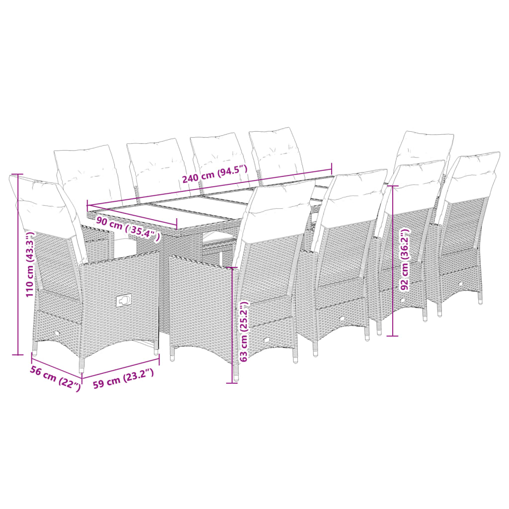 Set bistro de gradina cu perne, 11 piese, maro, poliratan — imaginea 9