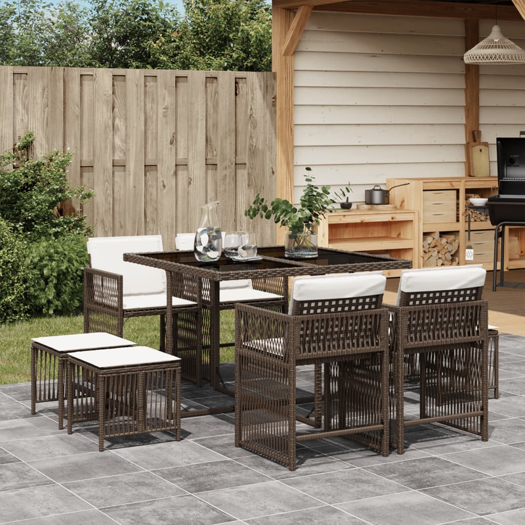 Set mobilier de gradina cu perne, 9 piese, maro, poliratan — imaginea 2