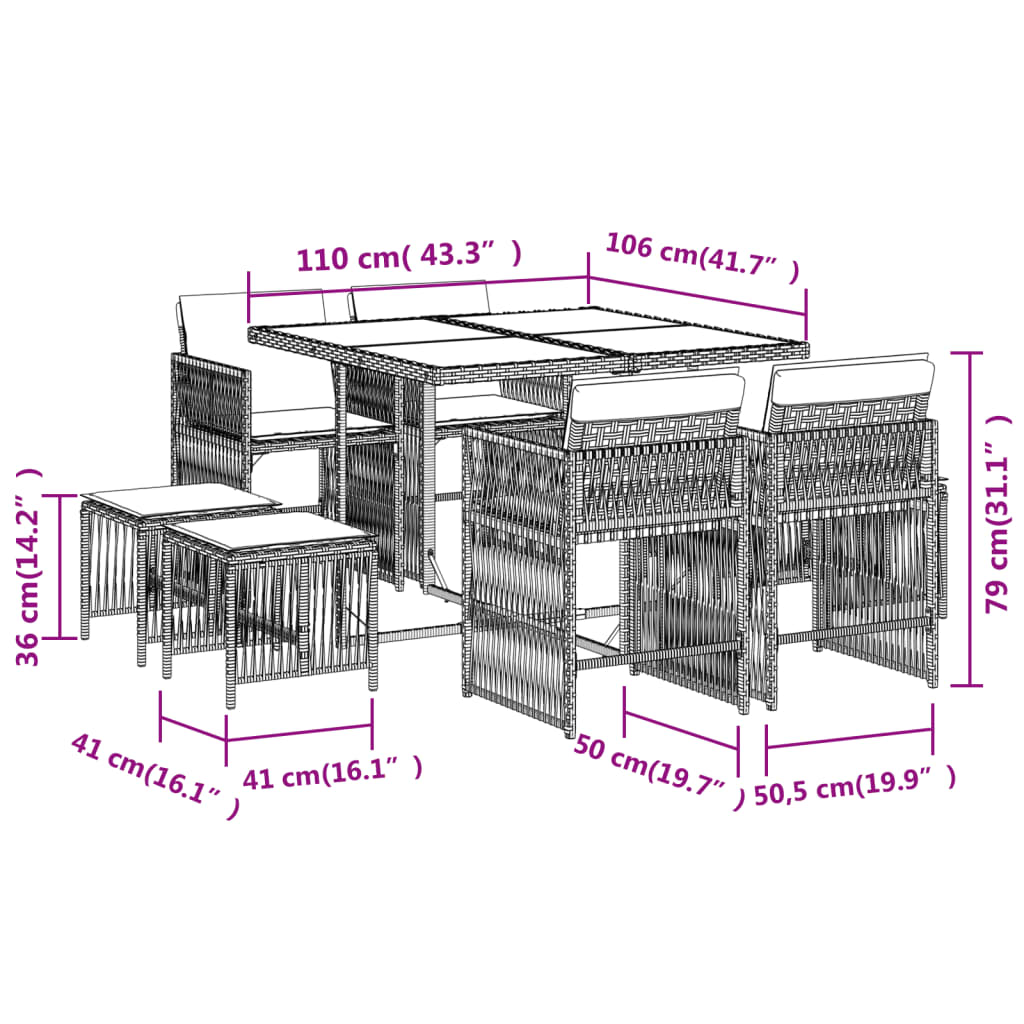 Set mobilier de gradina cu perne, 9 piese, maro, poliratan — imaginea 6
