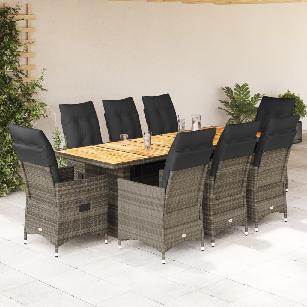 Set bistro de gradina cu perne, 9 piese, gri, poliratan — imaginea 2