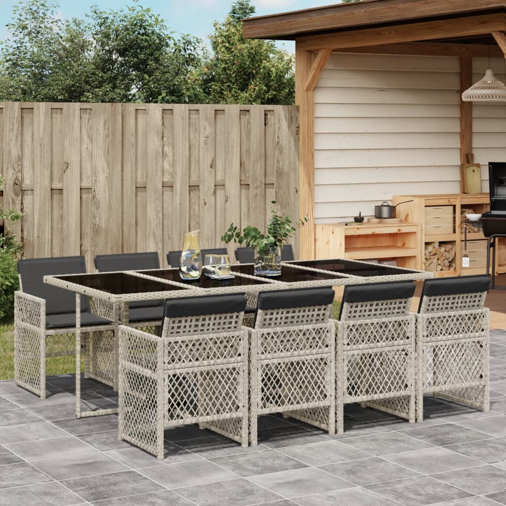 Set mobilier gradina cu perne, 9 piese, gri deschis, poliratan — imaginea 2
