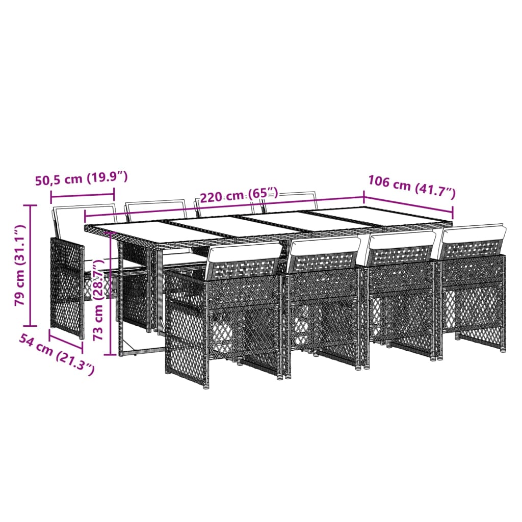 Set mobilier gradina cu perne, 9 piese, gri deschis, poliratan — imaginea 9