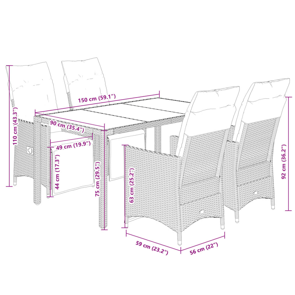Set bistro de gradina cu perne, 5 piese, negru, poliratan — imaginea 7