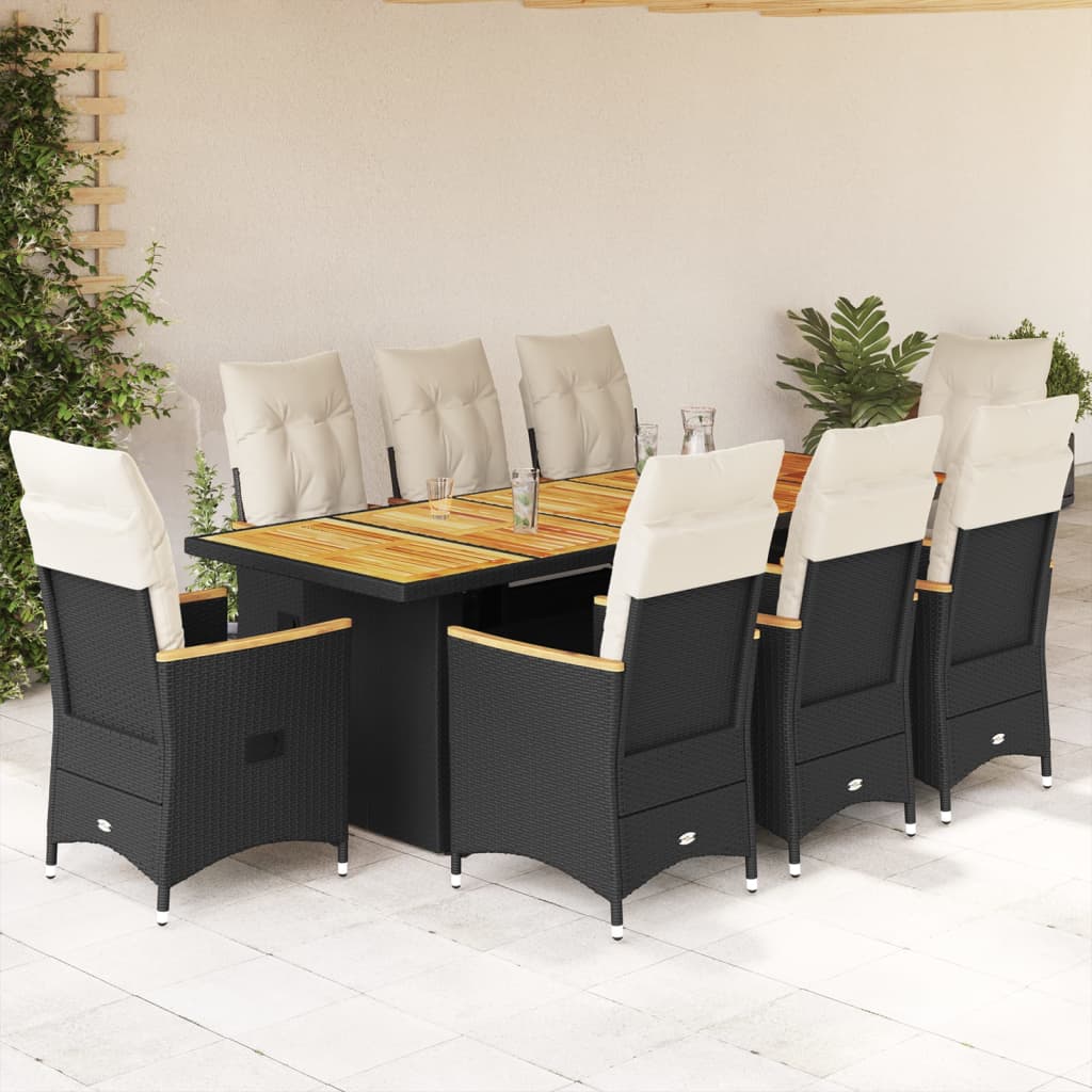 Set bistro de gradina, 9 piese, cu perne, negru, poliratan — imaginea 2