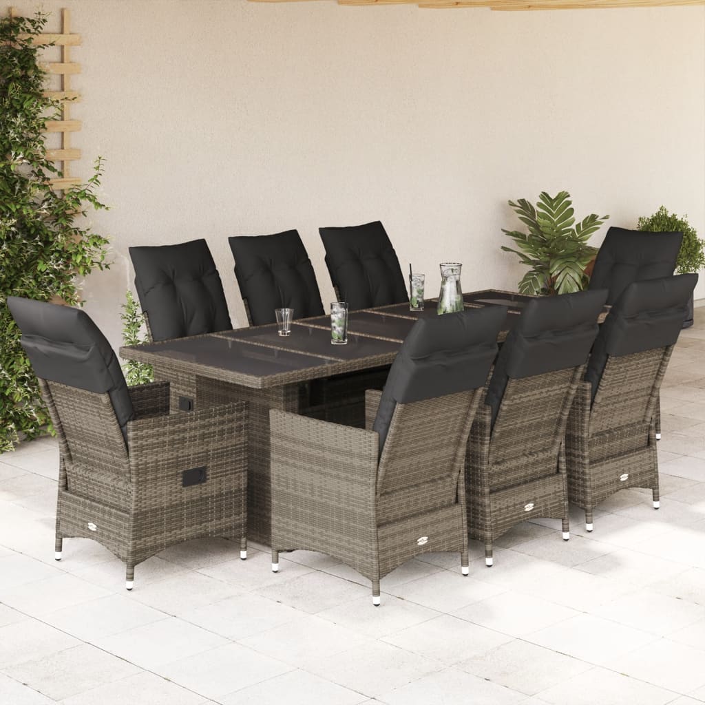 Set bistro de gradina cu perne, 9 piese, gri, poliratan — imaginea 2