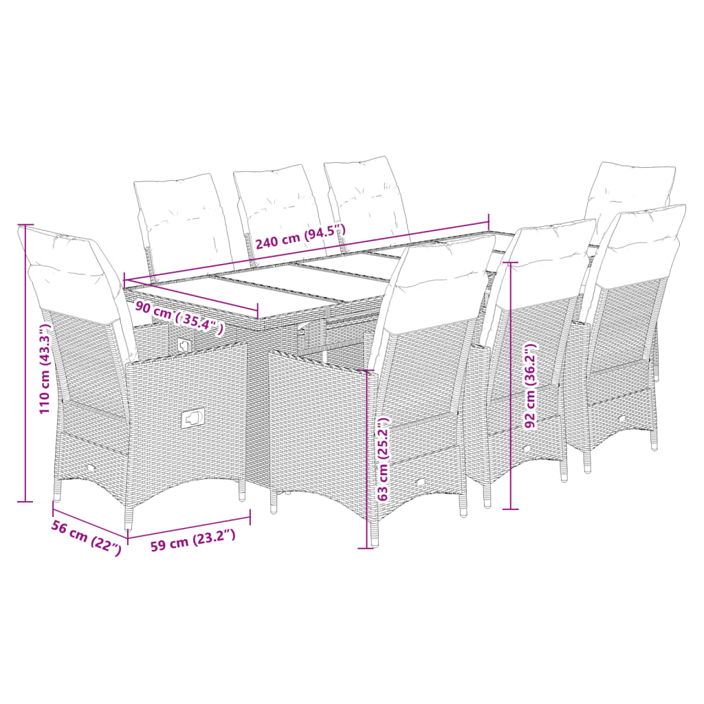 Set bistro de gradina cu perne, 9 piese, gri, poliratan — imaginea 7