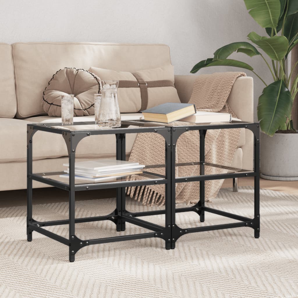 Mese cafea blat din sticla transparenta 2 buc. 40x40x45 cm otel — imaginea 2