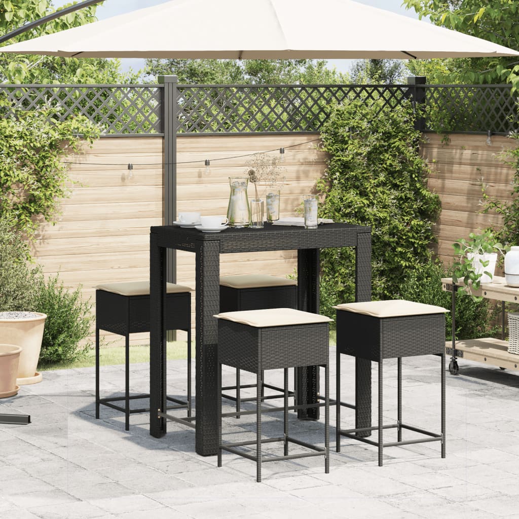 Set mobilier bar de gradina cu perne, 5 piese, negru, poliratan — imaginea 3