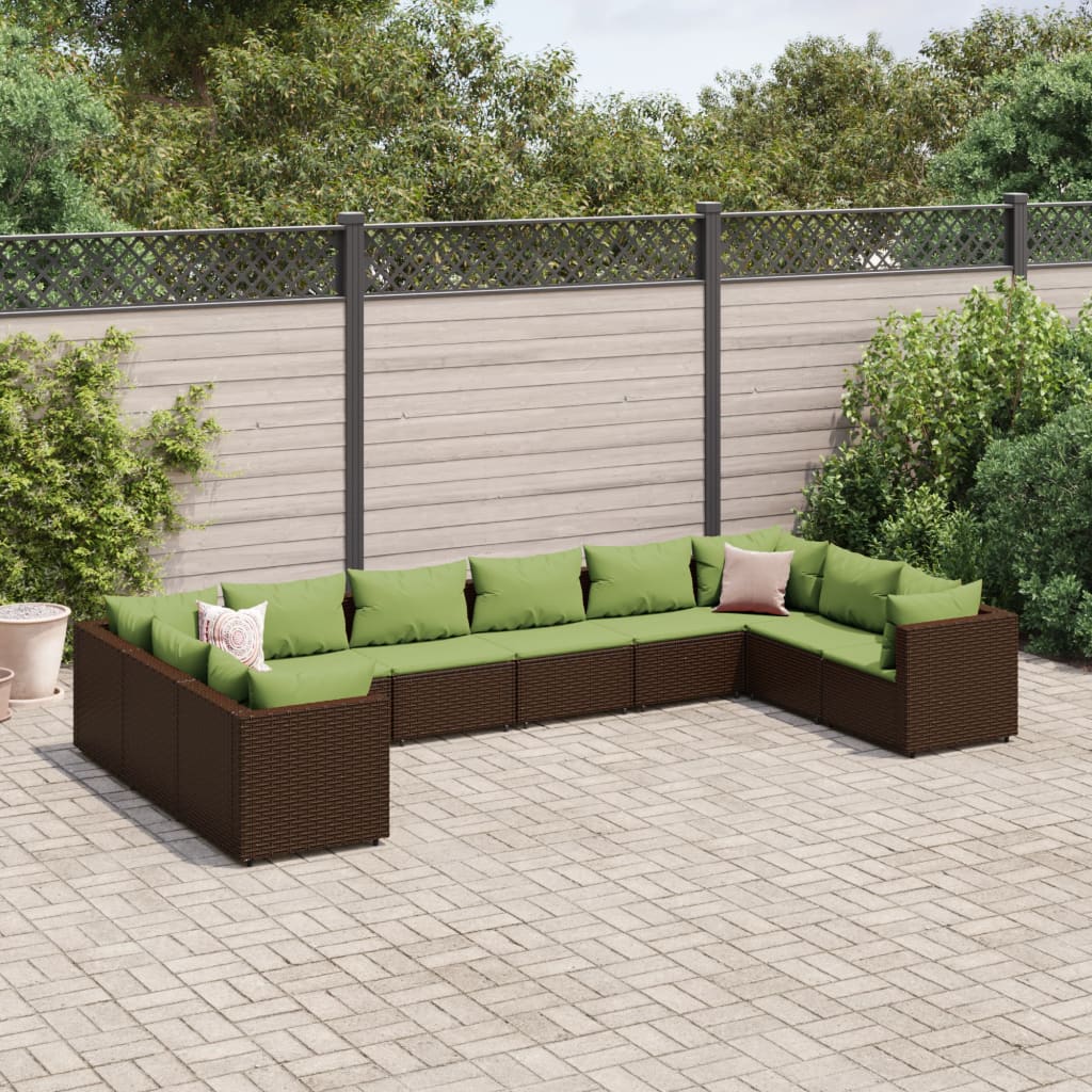 Set mobilier de gradina cu perne, 10 piese, maro, poliratan — imaginea 2