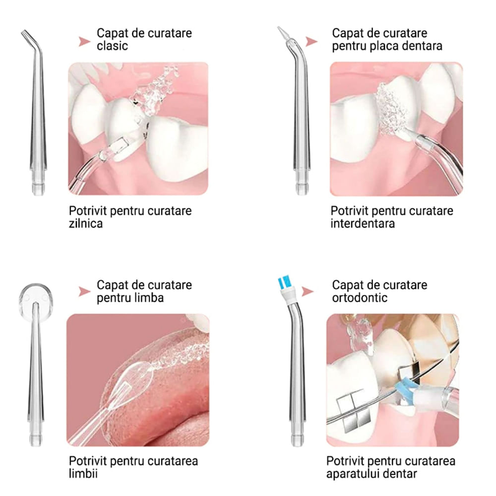 Irigator Oral pentru Dus Bucal MRG MA8, 4 Capete curatare, cu Acumulator