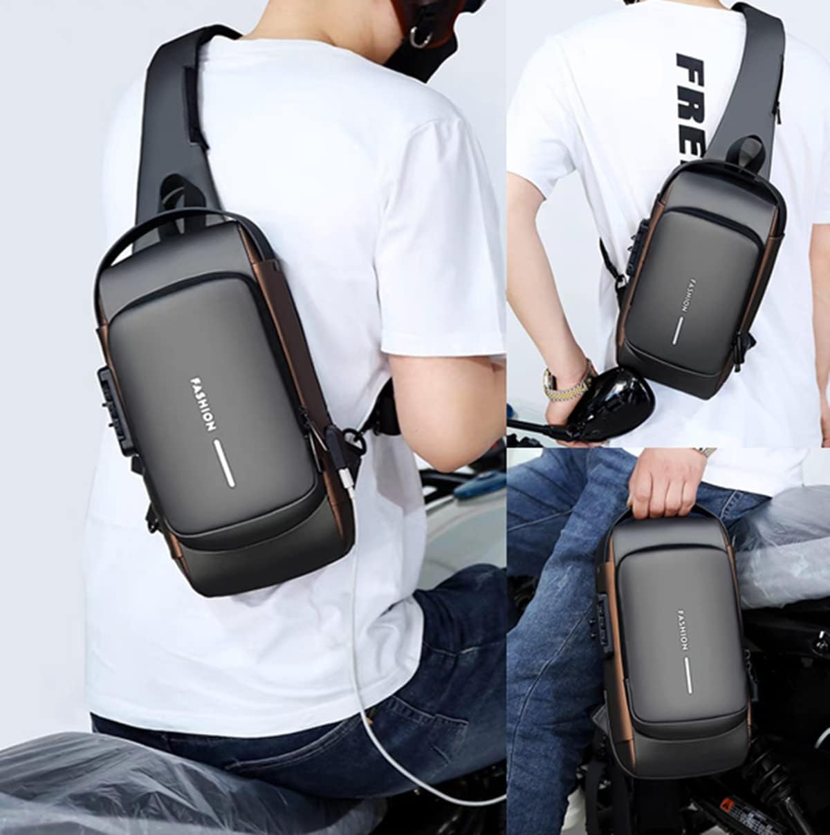 Geanta Unisex Tip Borseta de Umar MRG M1025, Usb si Antifurt, Gri antracit - imagine 2