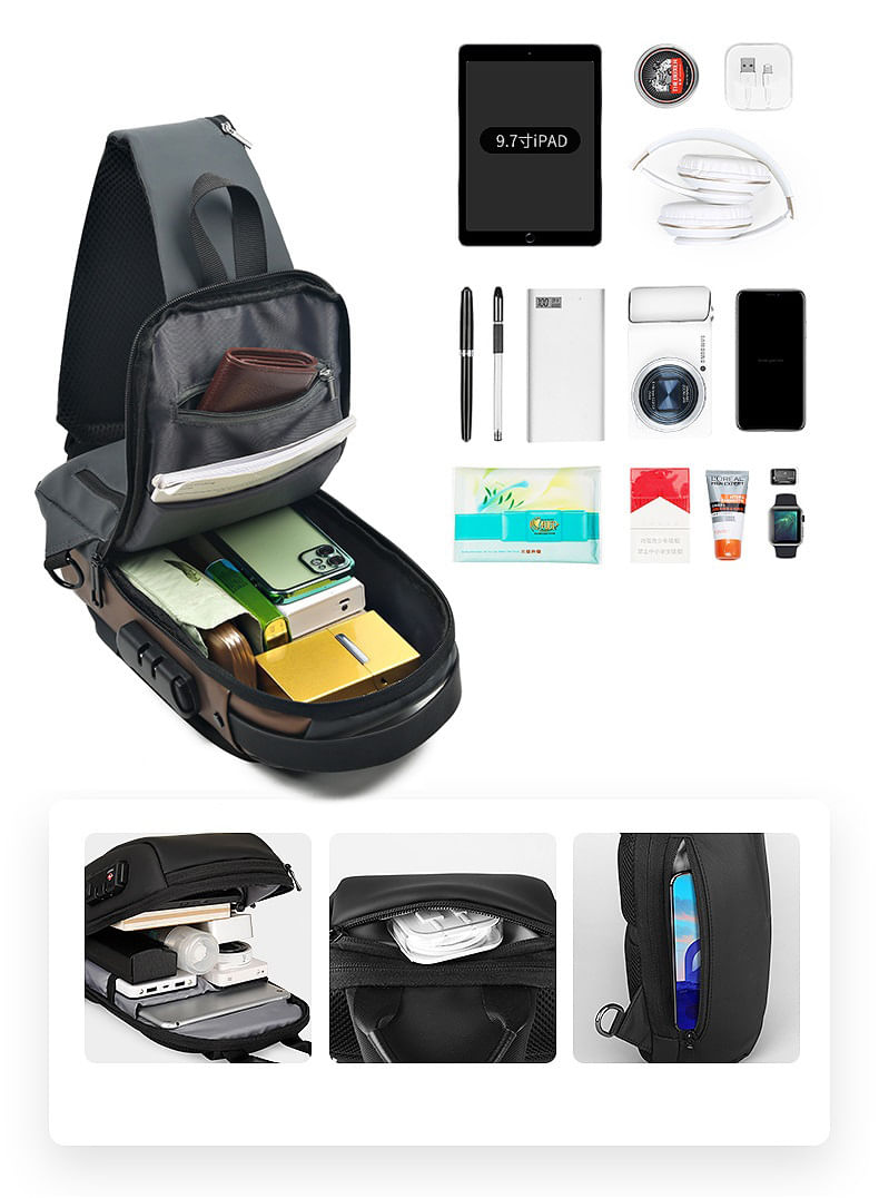 Geanta Unisex Tip Borseta de Umar MRG M1025, Usb si Antifurt, Gri antracit - imagine 7