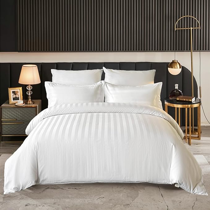 Husa pentru pilota Kotonia Home Hotel Damasc cu dungi cu latime de 2.5 cm, 100% bumbac, Alb, 180x200 cm
