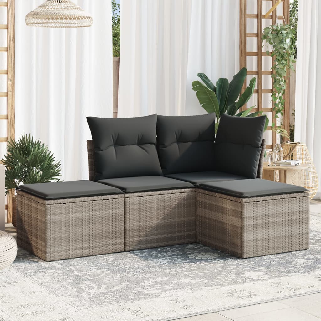 Set canapea de gradina cu perne, 4 piese, gri deschis poliratan — imaginea 2