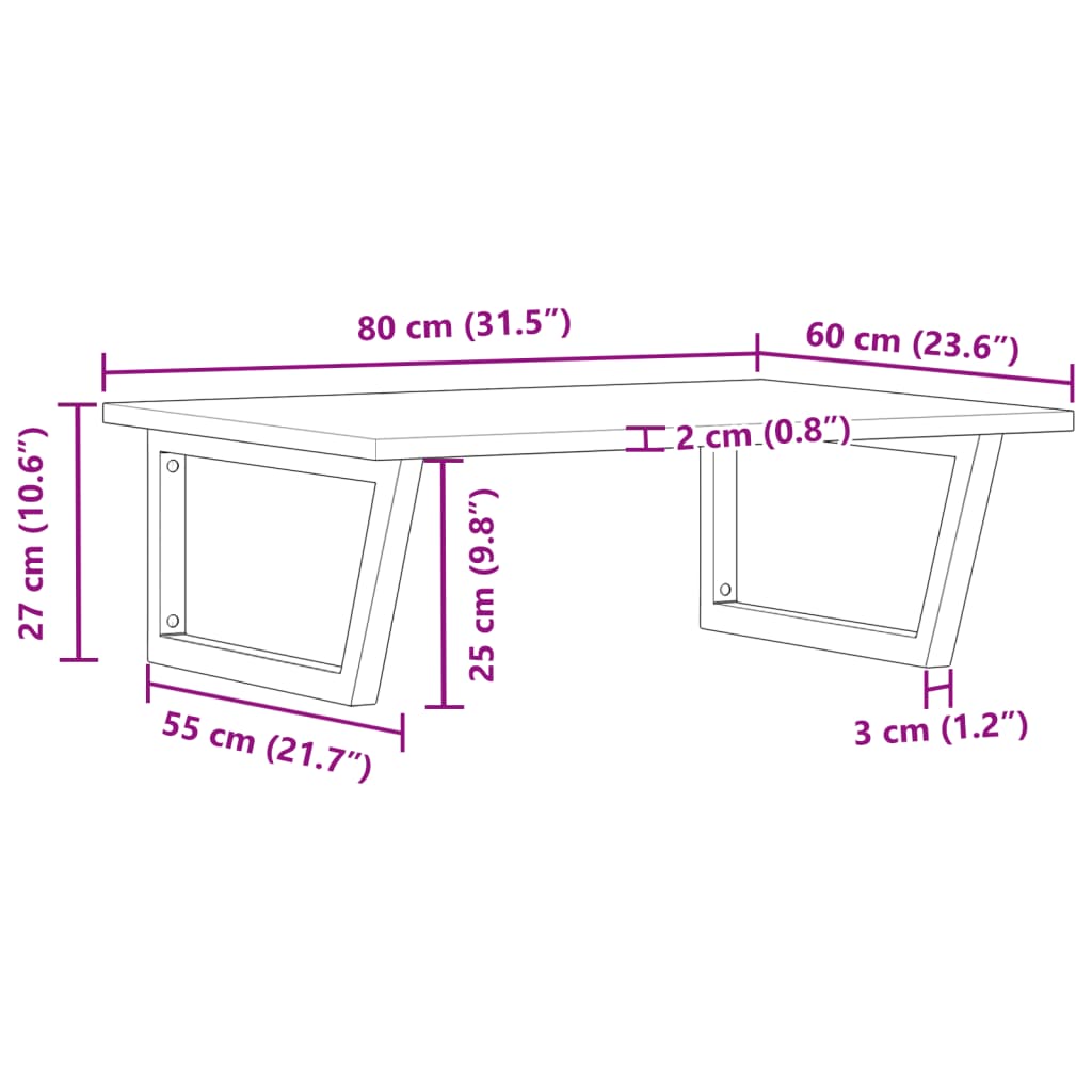 Raft pentru lavoar montat pe perete, otel și lemn masiv acacia, maro închis și negru, mărime 80x60x2 cm, model trapez — imaginea 11