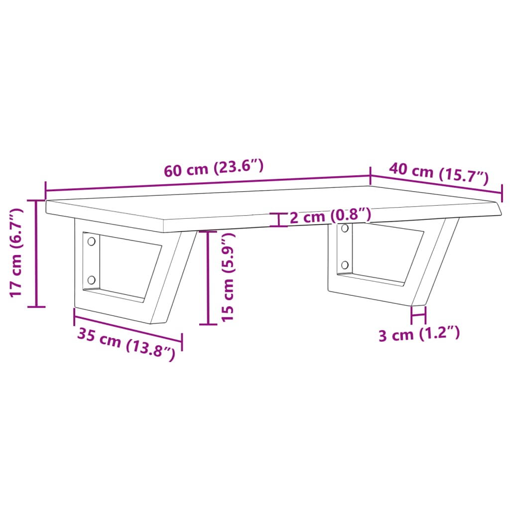 Raft pentru lavoar montat pe perete, otel și lemn masiv stejar, maro și alb, mărime 60x40x2 cm, model trapez — imaginea 11
