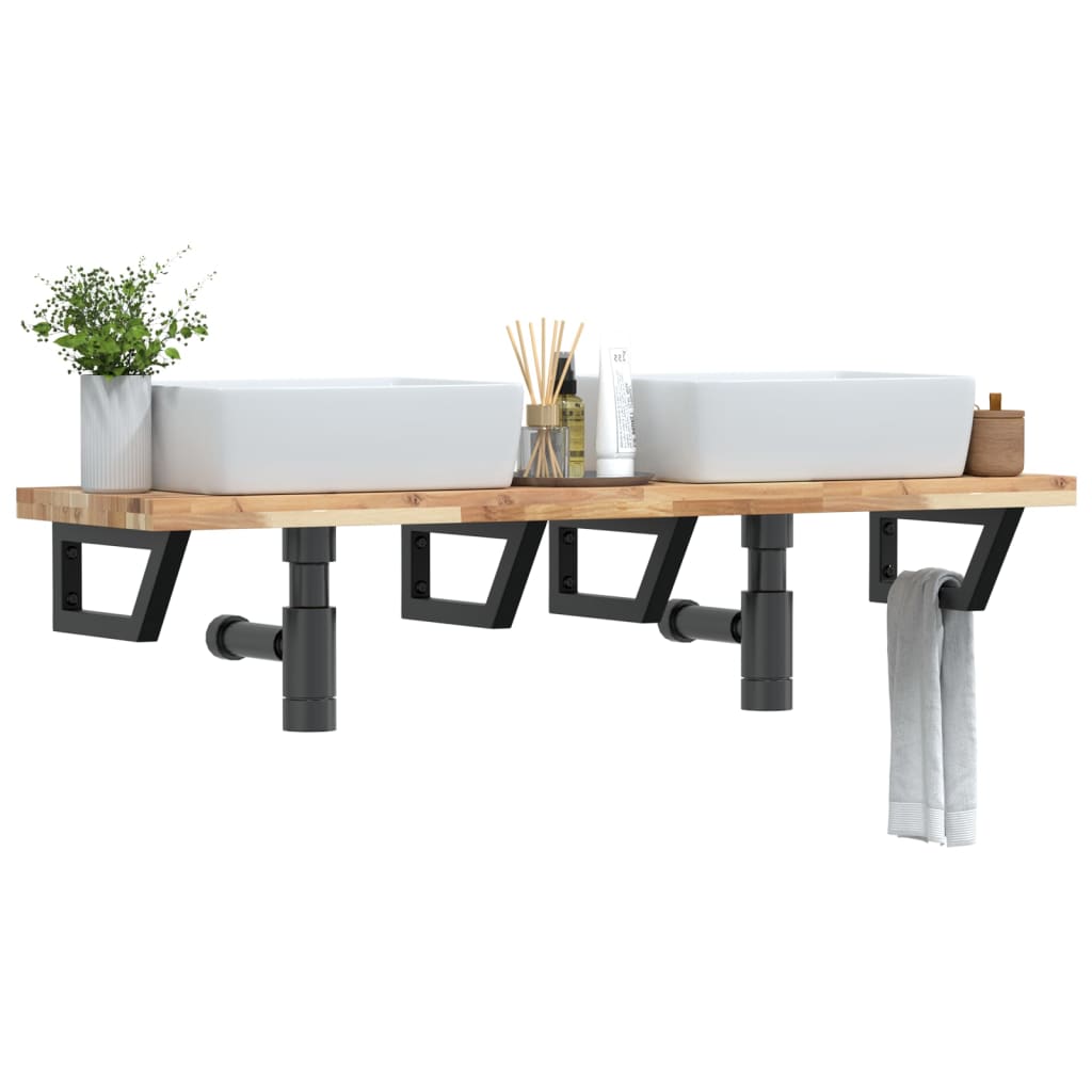 Raft pentru lavoar montat pe perete, otel si lemn masiv acacia, maro si negru, marime 120x40x4 cm, model trapez — imaginea 2