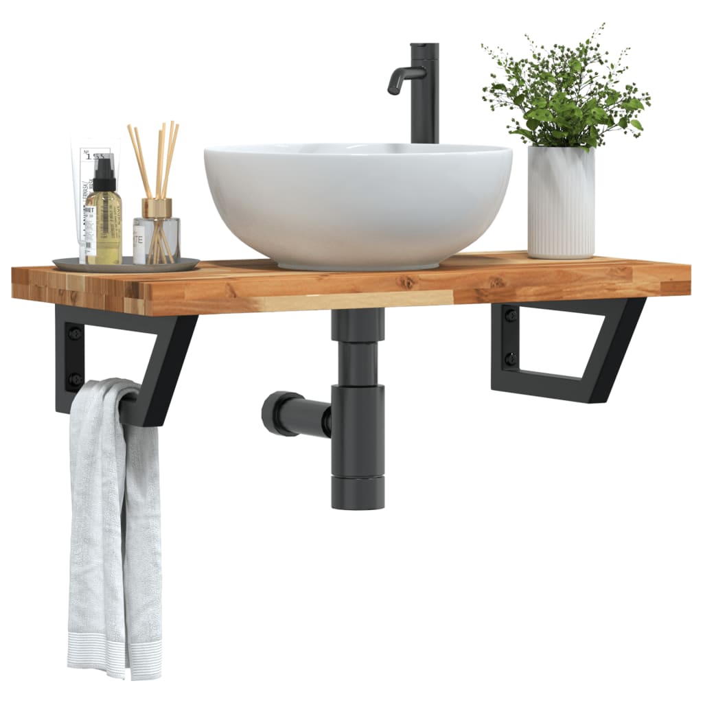 Raft pentru lavoar montat pe perete, otel si lemn masiv acacia, maro inchis si negru, marime 100x40x4 cm, model trapez — imaginea 2
