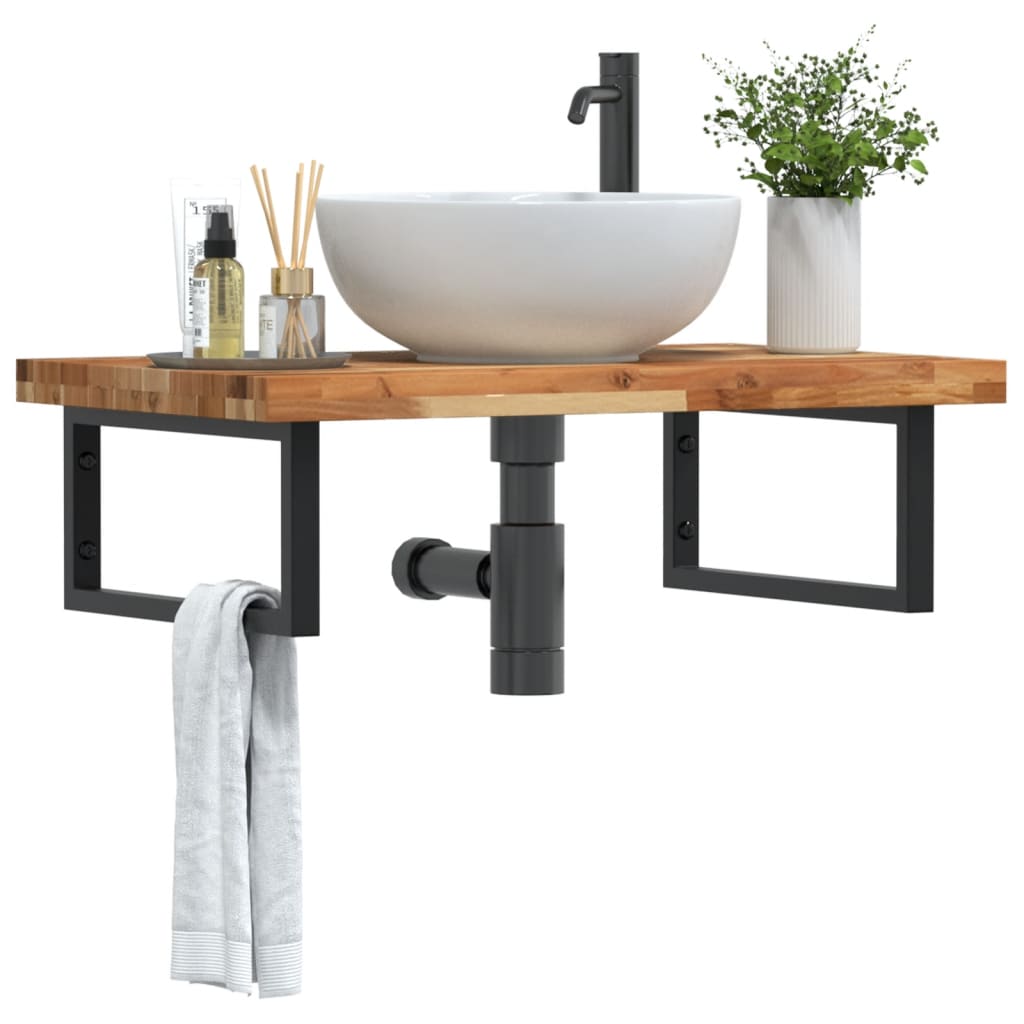 Raft pentru lavoar montat pe perete, otel si lemn masiv acacia, maro inchis si negru, marime 100x50x4 cm, model dreptunghiular — imaginea 2