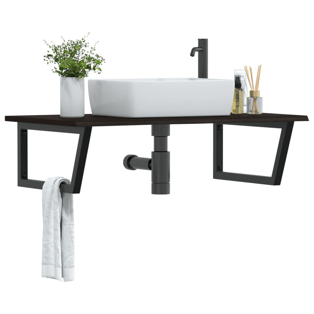 Raft pentru lavoar montat pe perete, otel și lemn masiv stejar, maro închis și negru, mărime 100x60x2 cm, model trapez — imaginea 2