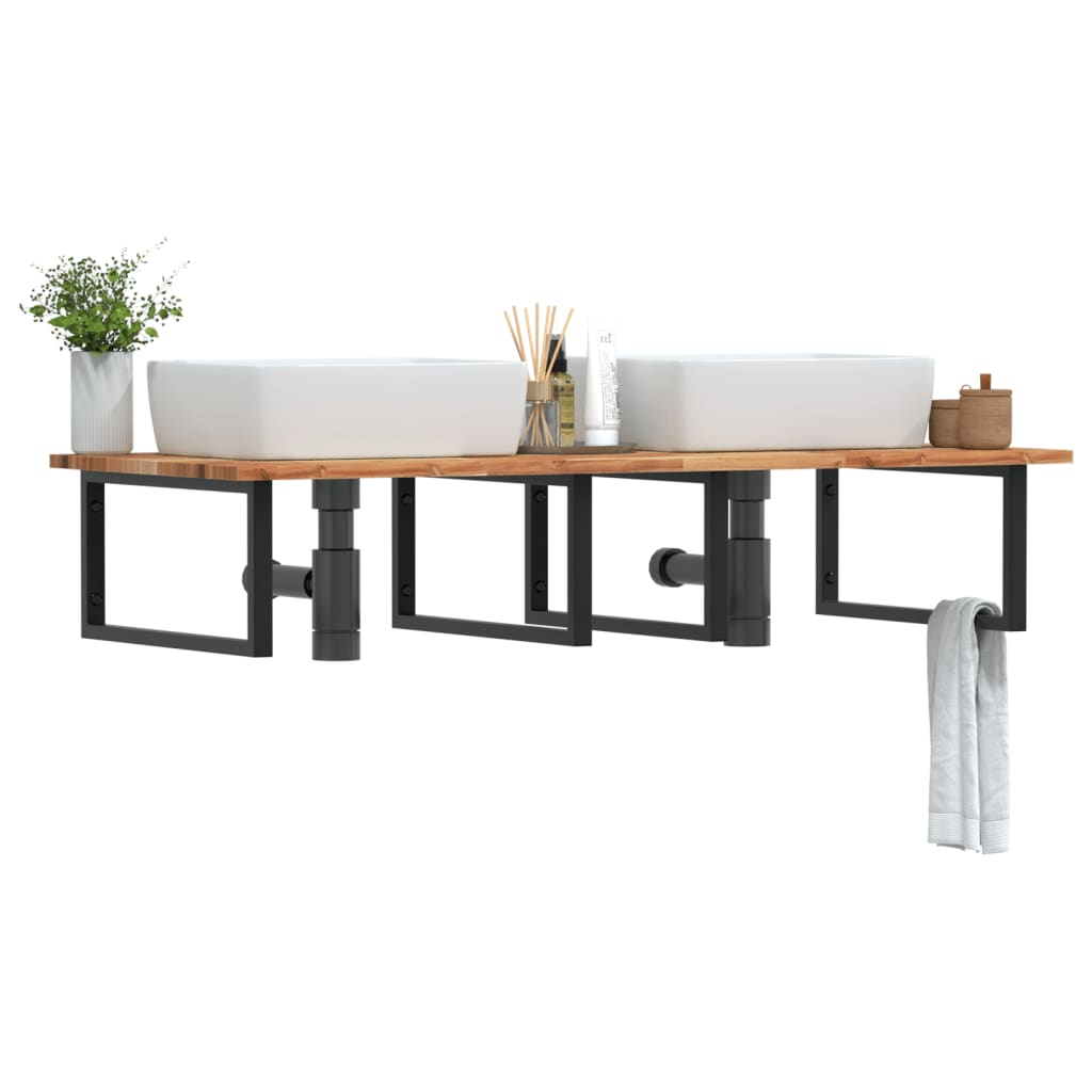 Raft pentru lavoar montat pe perete, otel și lemn masiv acacia, maro închis și negru, mărime 140x60x2 cm, model dreptunghiular — imaginea 2