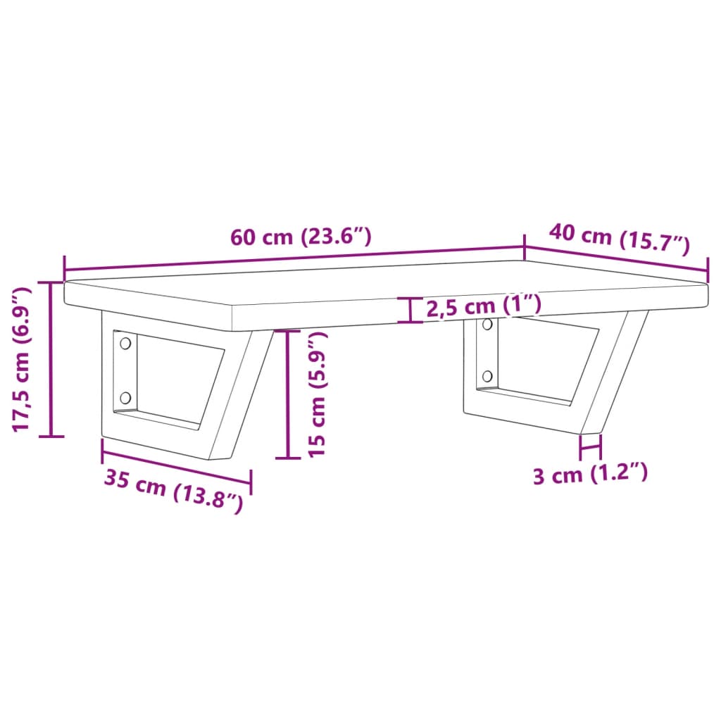 Raft pentru lavoar montat pe perete, otel și lemn masiv stejar, maro și negru, mărime 60x40x2.5 cm, model trapez — imaginea 11