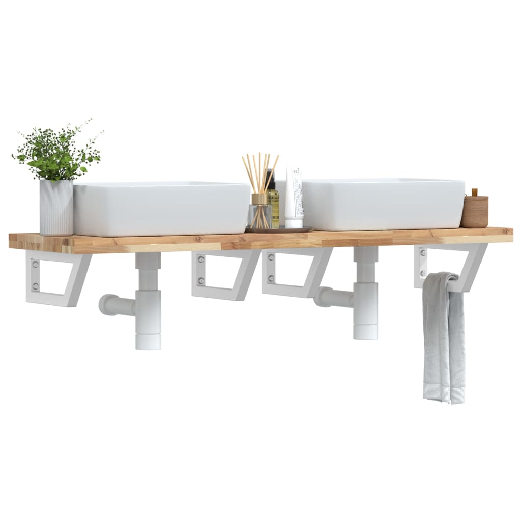 Raft pentru lavoar montat pe perete, otel si lemn masiv acacia, maro si alb, marime 120x40x4 cm, model trapez — imaginea 2