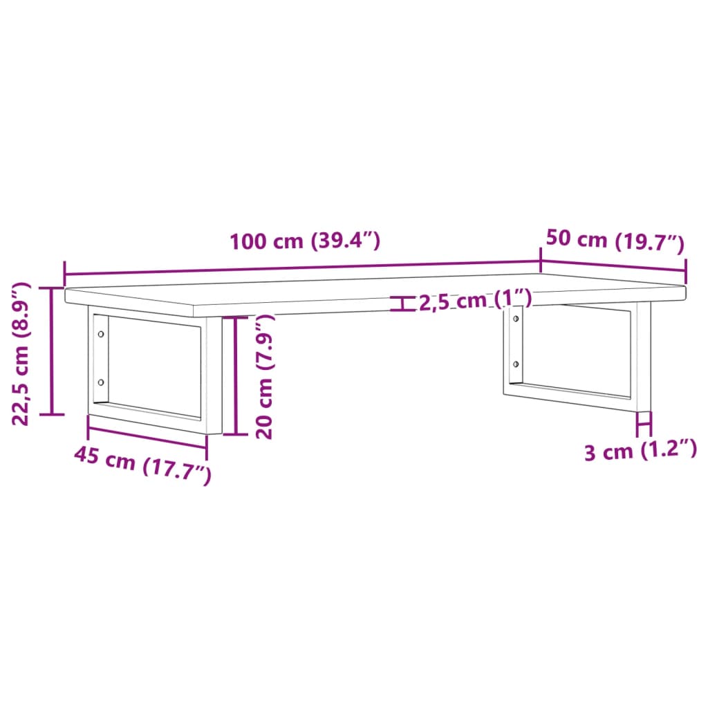 Raft pentru lavoar montat pe perete, otel și lemn masiv stejar, maro închis și alb, mărime 100x50x2.5 cm, model dreptunghiular — imaginea 11