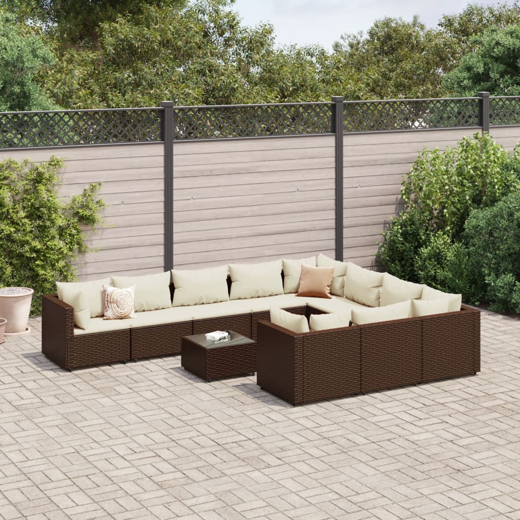 Set canapele de gradina cu perne, 11 piese, maro, poliratan — imaginea 2