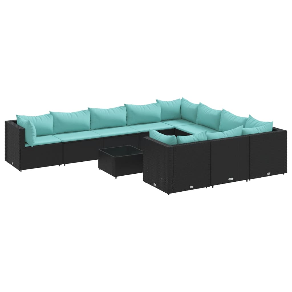 Set canapele de gradina cu perne, 11 piese, negru, poliratan
