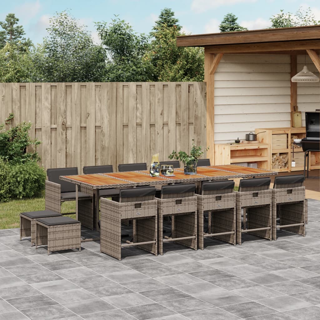 Set mobilier de gradina cu perne, 15 piese, gri, poliratan — imaginea 2