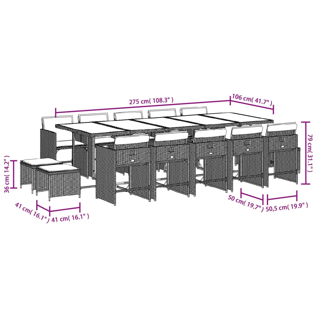 Set mobilier de gradina cu perne, 15 piese, gri, poliratan — imaginea 11