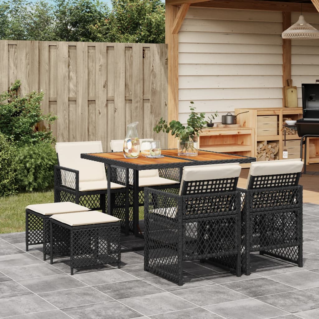 Set mobilier de gradina cu perne, 9 piese, negru, poliratan — imaginea 2
