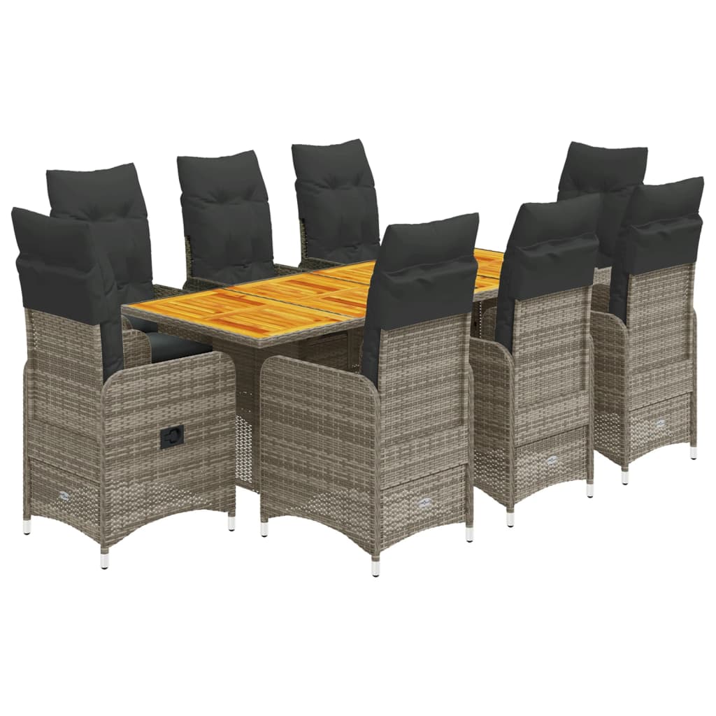 Set bistro de gradina cu perne, 9 piese, gri, poliratan