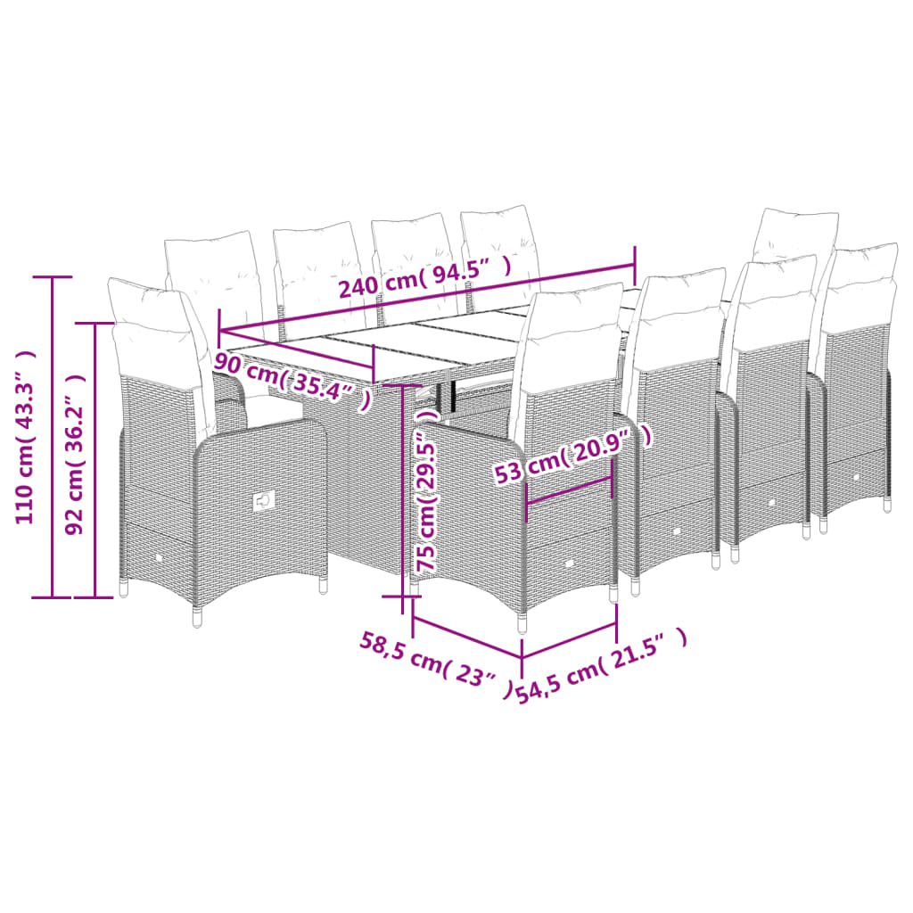 Set bistro de gradina cu perne, 11 piese, gri, poliratan — imaginea 9