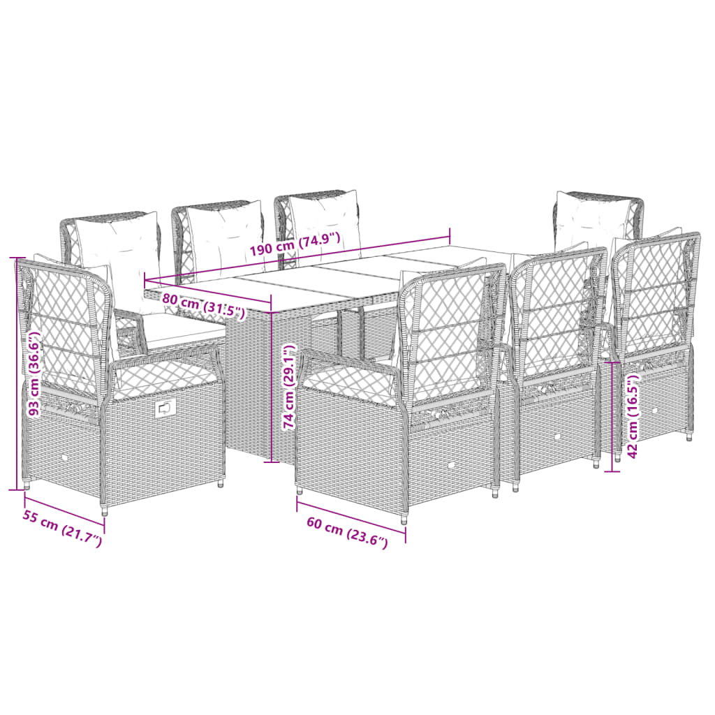 Set mobilier gradina cu perne, 9 piese, gri, poliratan — imaginea 8