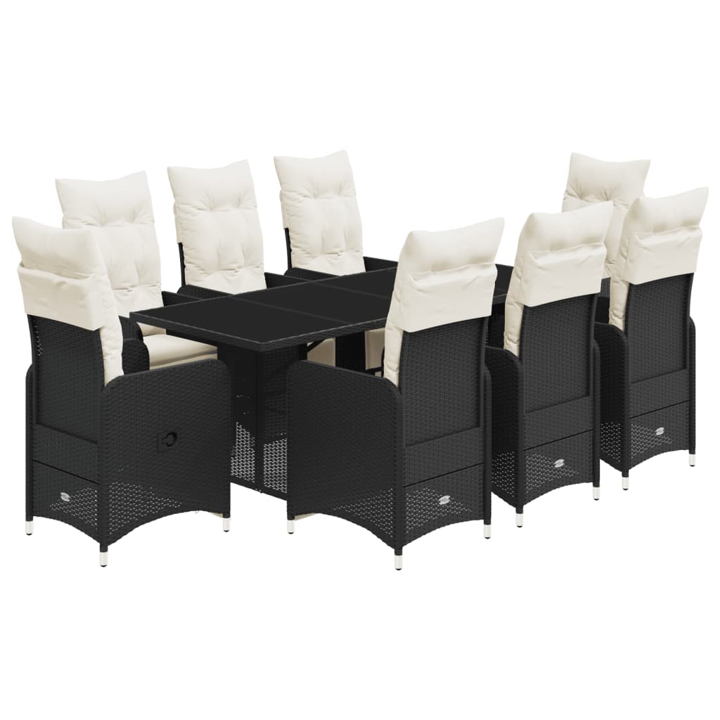Set bistro de gradina, 9 piese, cu perne, negru, poliratan