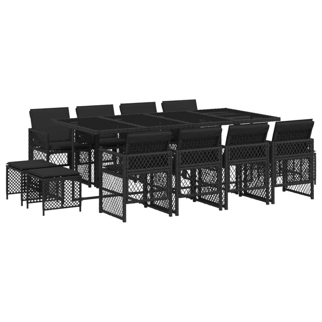 Set mobilier de gradina cu perne, 13 piese, negru, poliratan